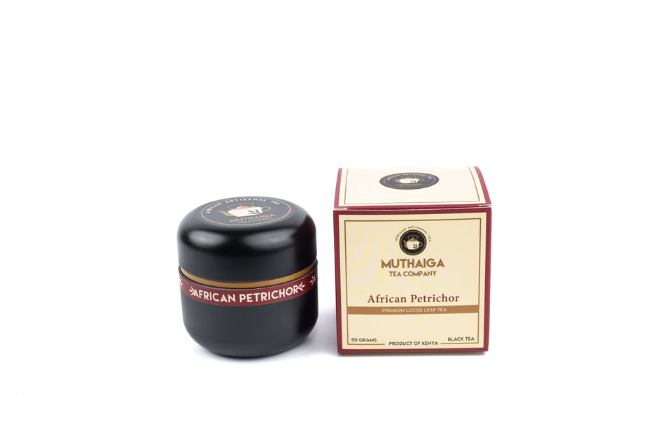 An image showing a tea caddy of African Petrichor, a Premium Black Tea in Nairobi Kenya with saffron and almonds