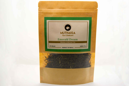Packaged, Organic Loose leaf green tea in Kenyal, in a pouch labeled 'Emerald Dream' from Muthaiga Tea Company.