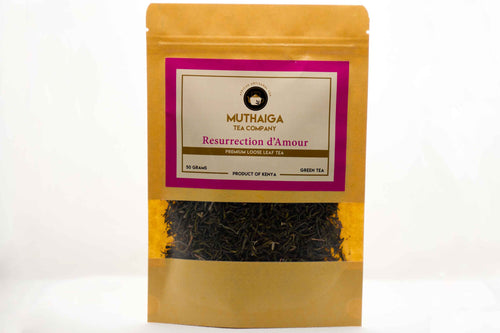 Packaged, Premium Loose leaf Green Tea in Kenya, visible through a clear window on a brown pouch labeled 'MUTHAIGA Tea Company Resurrection d'Amour'.