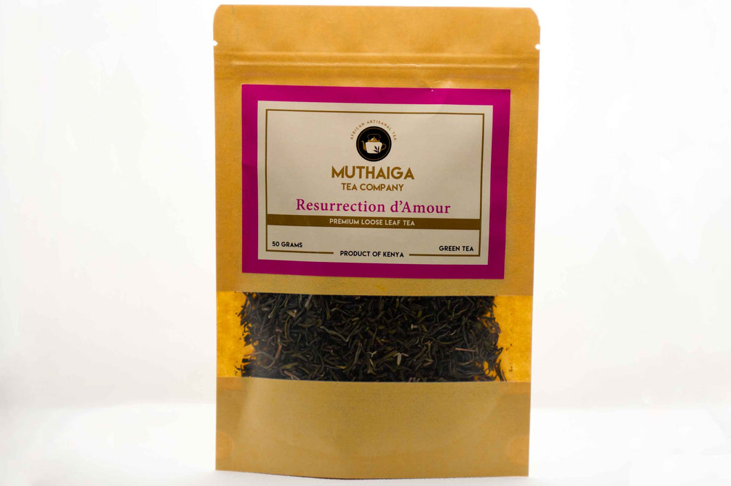 Packaged, Premium Loose leaf Green Tea in Kenya, visible through a clear window on a brown pouch labeled 'MUTHAIGA Tea Company Resurrection d'Amour'.