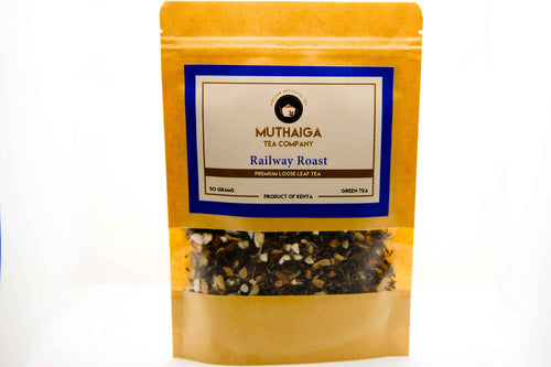 Packaged Roasted Green Tea in Kenya named 'Railway Roast' by Muthaiga Tea Company, with visible puffed rice and pop corn kernels.